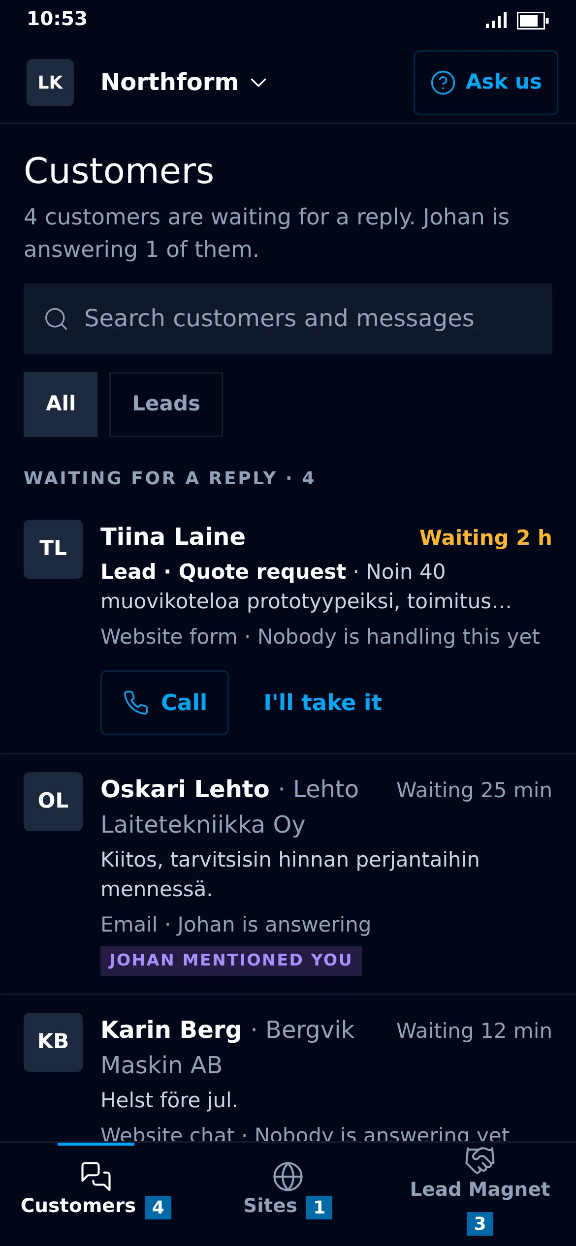 The Northform owner’s app: the Customers screen, with waiting customers at the top.