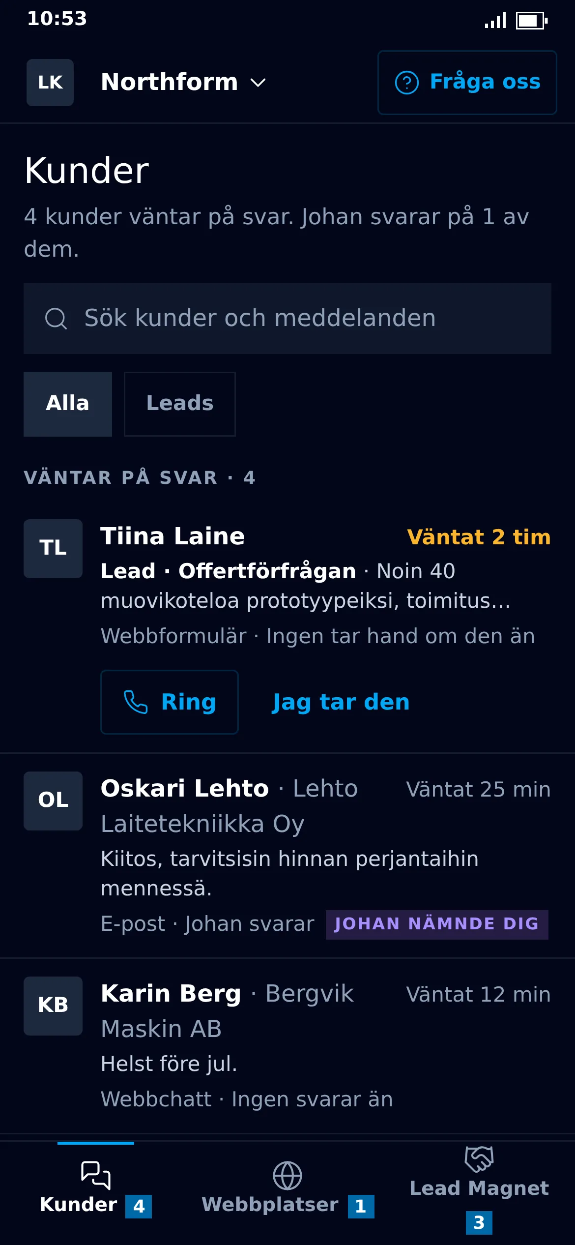Appen för Northforms ägare: vyn Kunder, med de kunder som väntar överst.