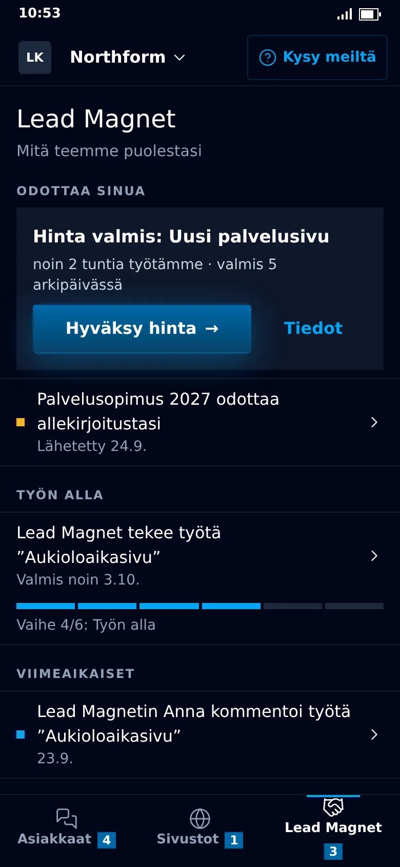 LeadAppin Lead Magnet -välilehti: pyynnöt hintoineen, asiakirjat ja raportit.