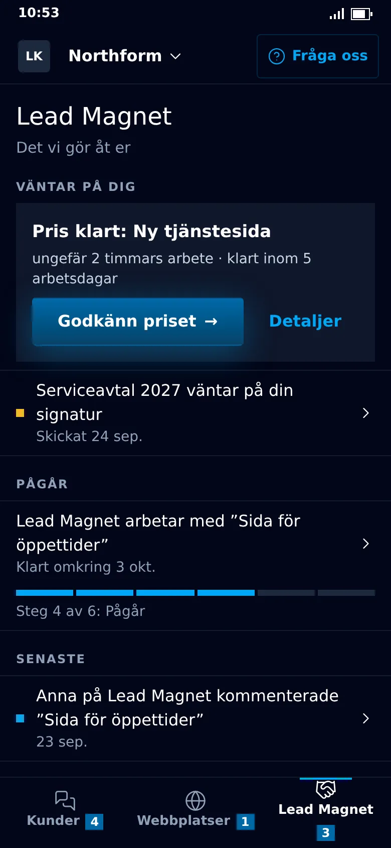 Fliken Lead Magnet i LeadApp: förfrågningar med pris, dokument och rapporter.